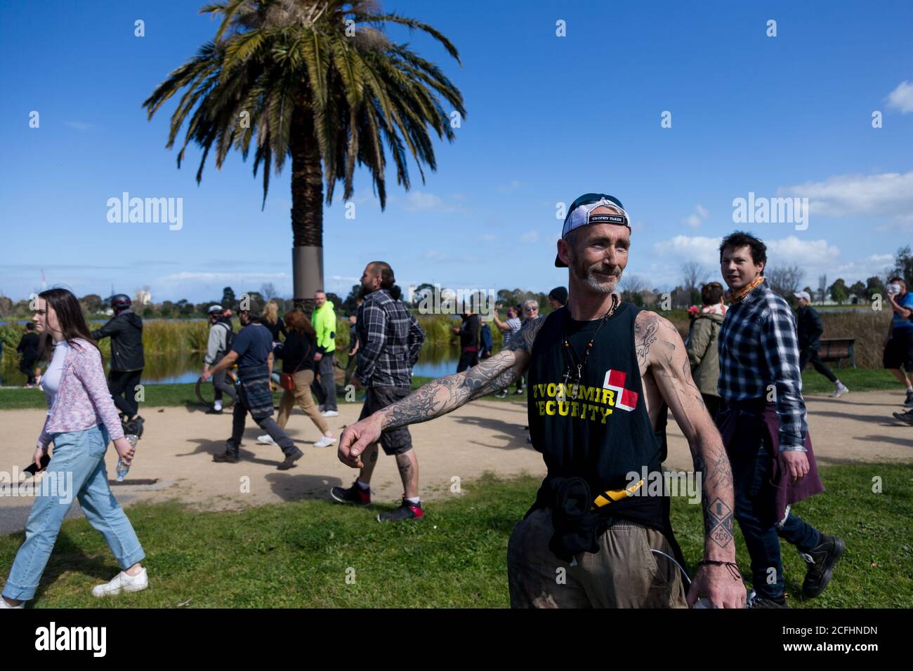 Melbourne, Australia, 5 September, 2020. Protesters' in their thousands walk through Albert Park Lake before the Riot Squad disperse them during the Melbourne Freedom Protest, Phillip Island Circuit, Australia. Credit: Dave Hewison/Alamy Live News Stock Photo