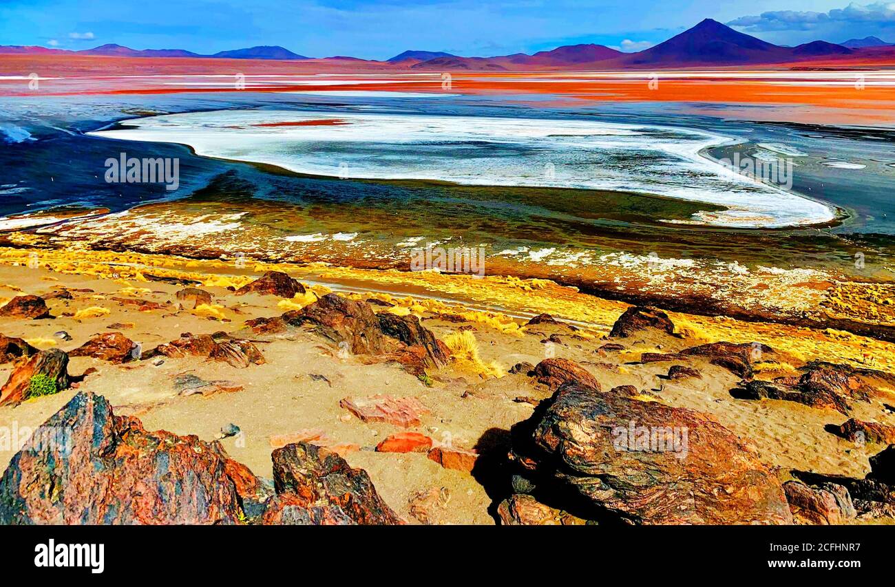 Beautiful red lake Laguna Colorada, Bolivia. Scenic surreal landscape impressive Lagoon, Altiplano, Eduardo Avaroa Reserve. High-altitude desert plain Stock Photo