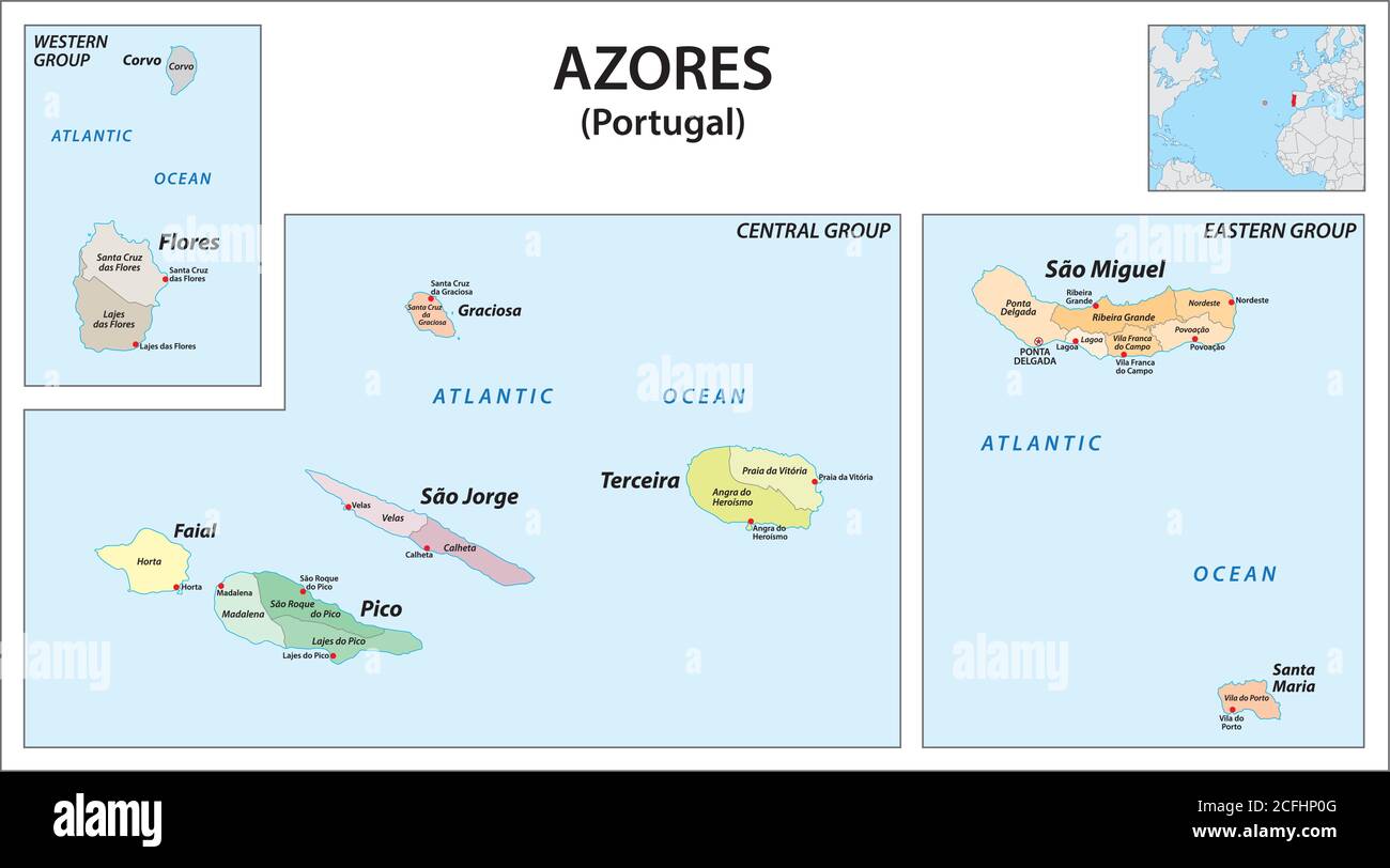 administrative vector map of the Portuguese archipelago Azores in the Atlantic Ocean, Portugal Stock Vector