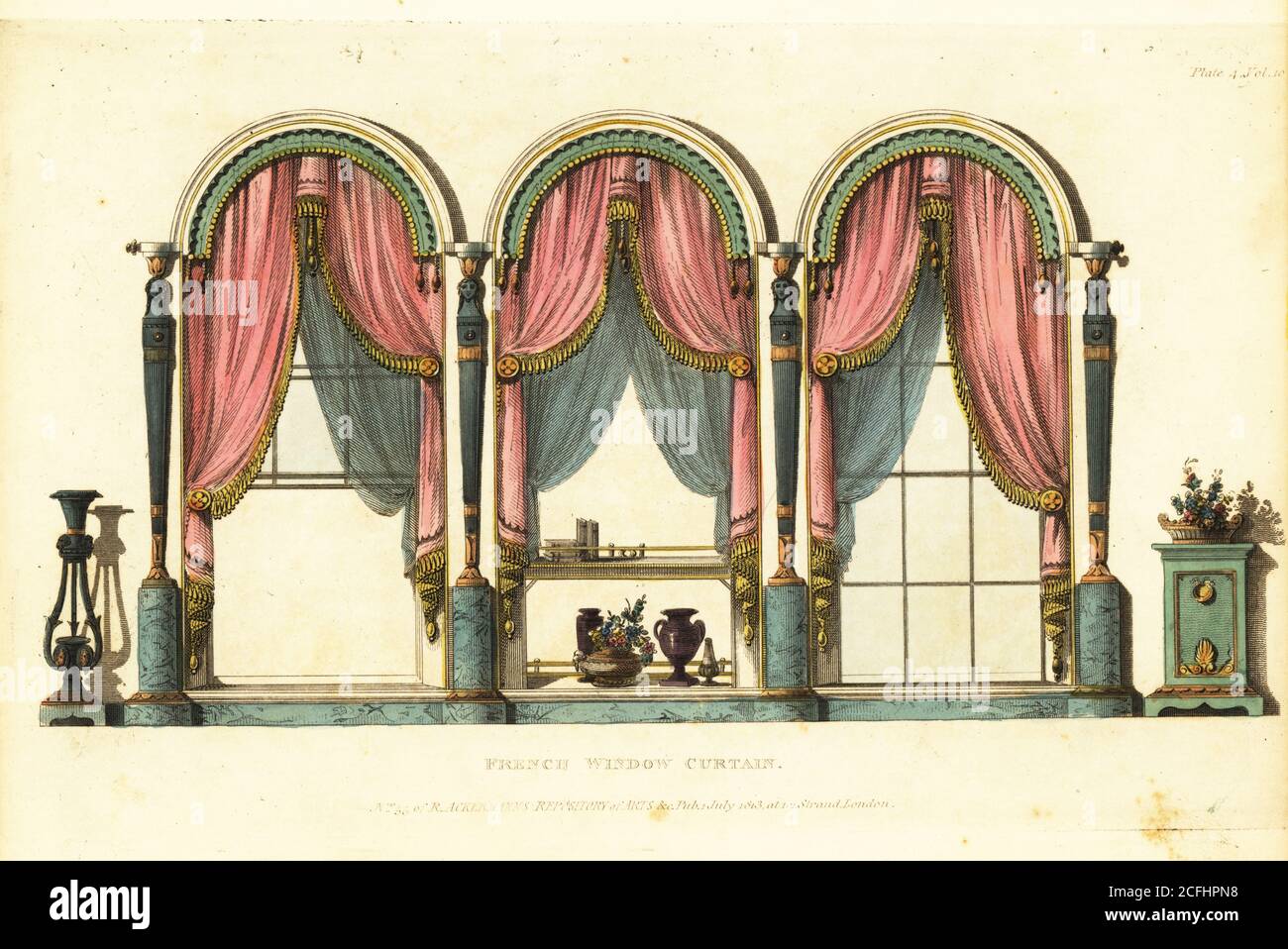 Regency-era French window curtains, 1813. The space between the windows is filled with a matching curtained mirror in the central bay. The circular cornices in the manner of Roman archivolts are supported by therms. Handcoloured copperplate engraving from The Upholsterer's and Cabinet-Maker's Repository consisting of seventy-six designs of modern and fashionable furniture, Rudolph Ackermann, London, 1830. Stock Photo