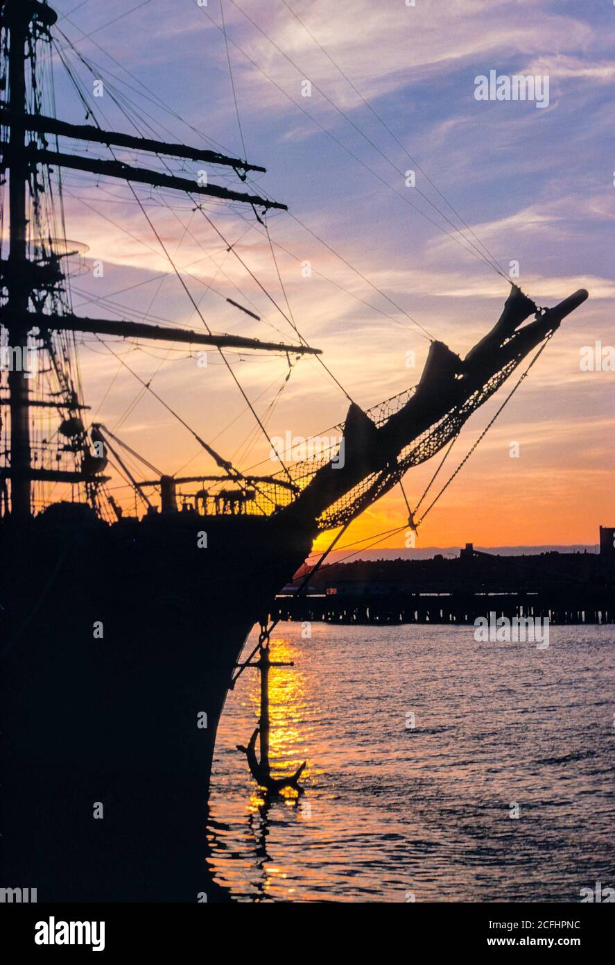 Nippon Maru, Japanese Naval Training Ship, Seattle, Washington USA, four masted barque moored at Pier 70 on Seattle waterfront at sunset. Stock Photo