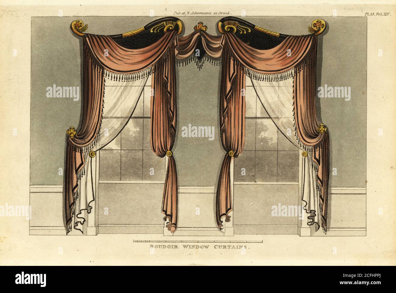 Festooned draperies from Grecian consoles in black and gold. Fawn curtains  with black fringes, and muslin net curtains edged with tea-green chenille.  Boudoir or breakfast-parlour window curtains, 1815. Handcoloured  copperplate engraving from