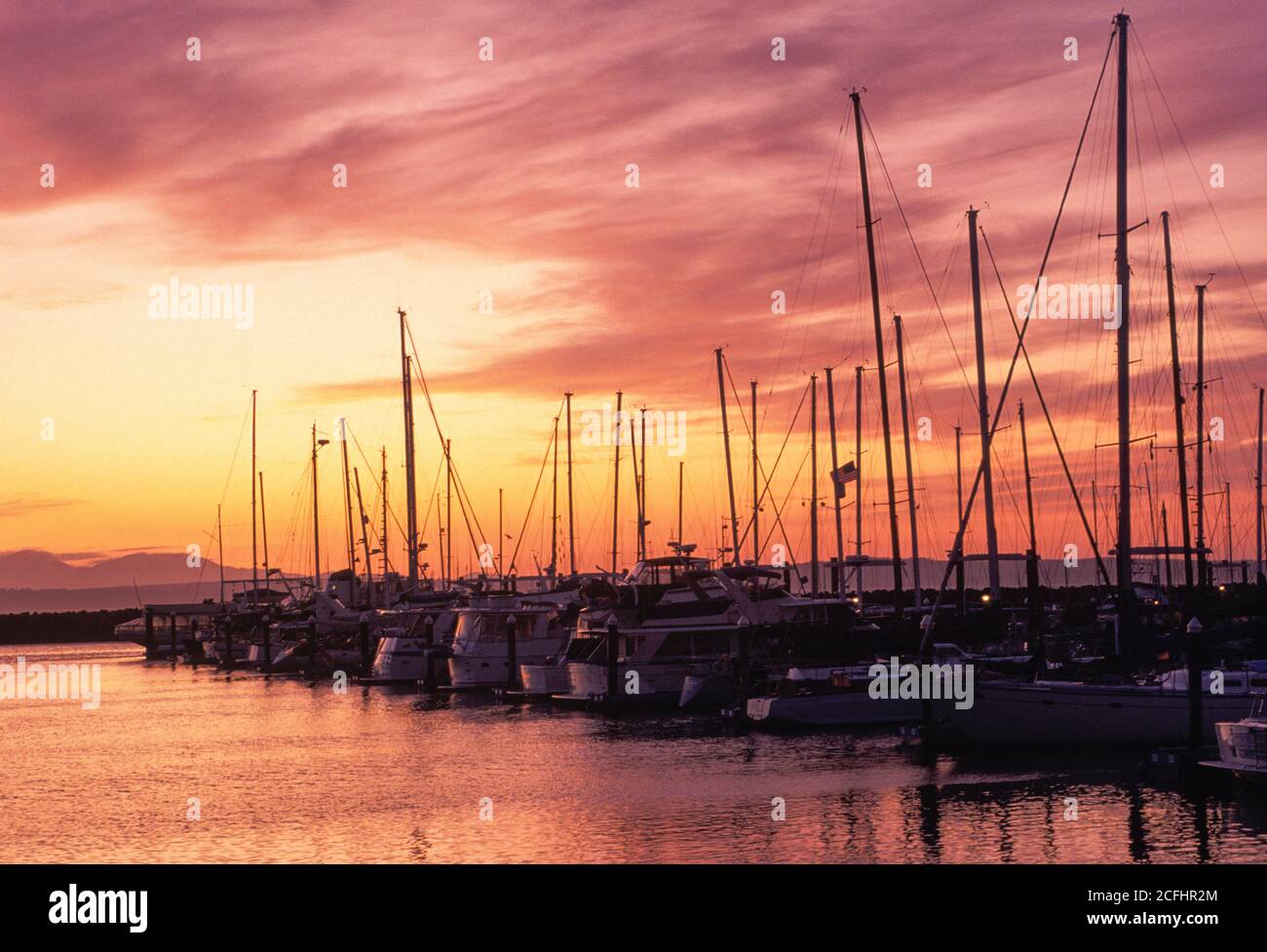 Sailboats at sunset, Shilshole Bay Marina, Seattle, Washington USA Stock Photo