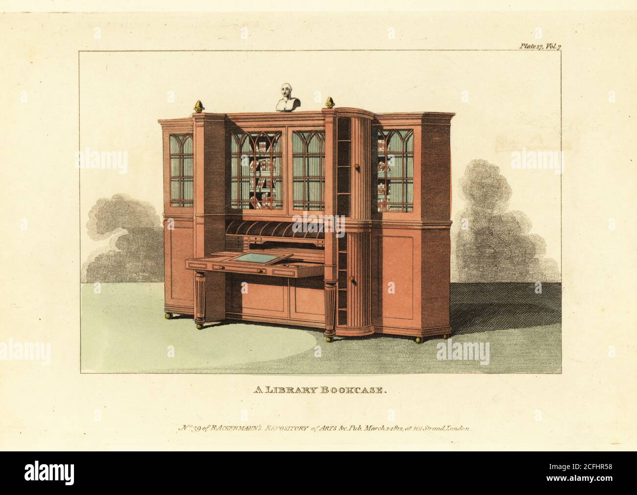 Regency-era library bookcase with tambour circular cupboards and fold-out writing desk. Designed and manufactured by Thomas Morgan and Joseph Sanders, Catherine Street, Strand, 1812. Handcoloured copperplate engraving from The Upholsterer's and Cabinet-Maker's Repository consisting of seventy-six designs of modern and fashionable furniture, Rudolph Ackermann, London, 1830. Stock Photo