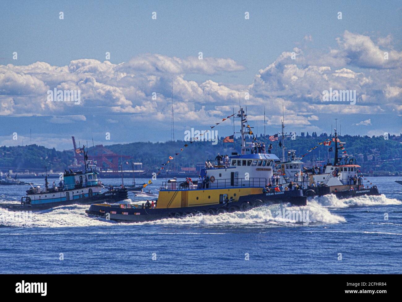 Tugboat races on Puget Sound during Maritime Week, Seattle, Washington USA Stock Photo