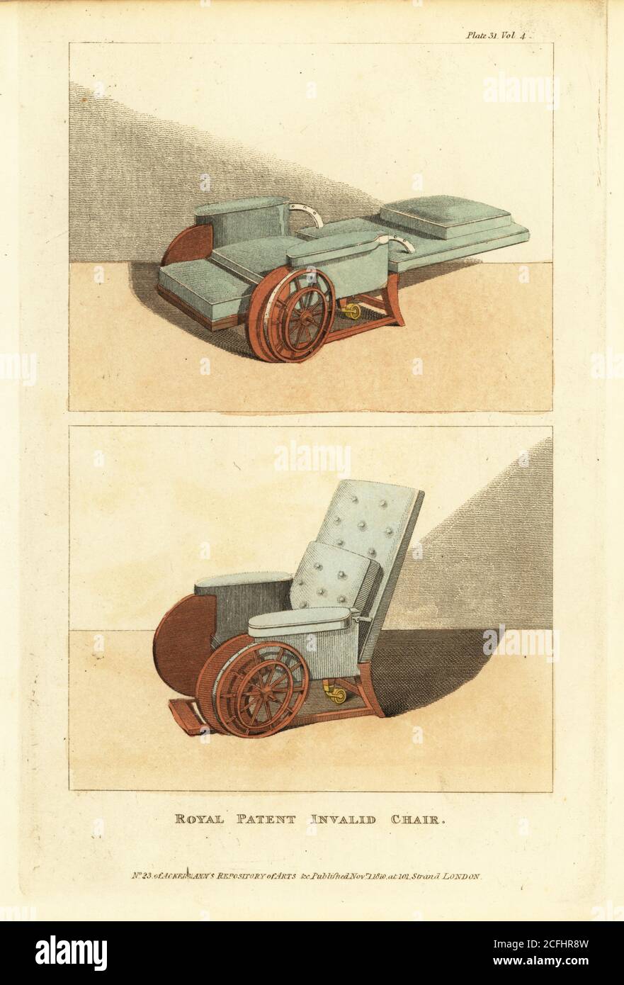 Royal patent invalid chair, 1810.  Wheelchair with reclining back and slide-out footrest that can become a flat bed. Mahogany chair with hair-stuffed canvas upholstery, with iron-rim wheels and brass interior steering wheel. Handcoloured copperplate engraving from The Upholsterer's and Cabinet-Maker's Repository consisting of seventy-six designs of modern and fashionable furniture, Rudolph Ackermann, London, 1830. Stock Photo