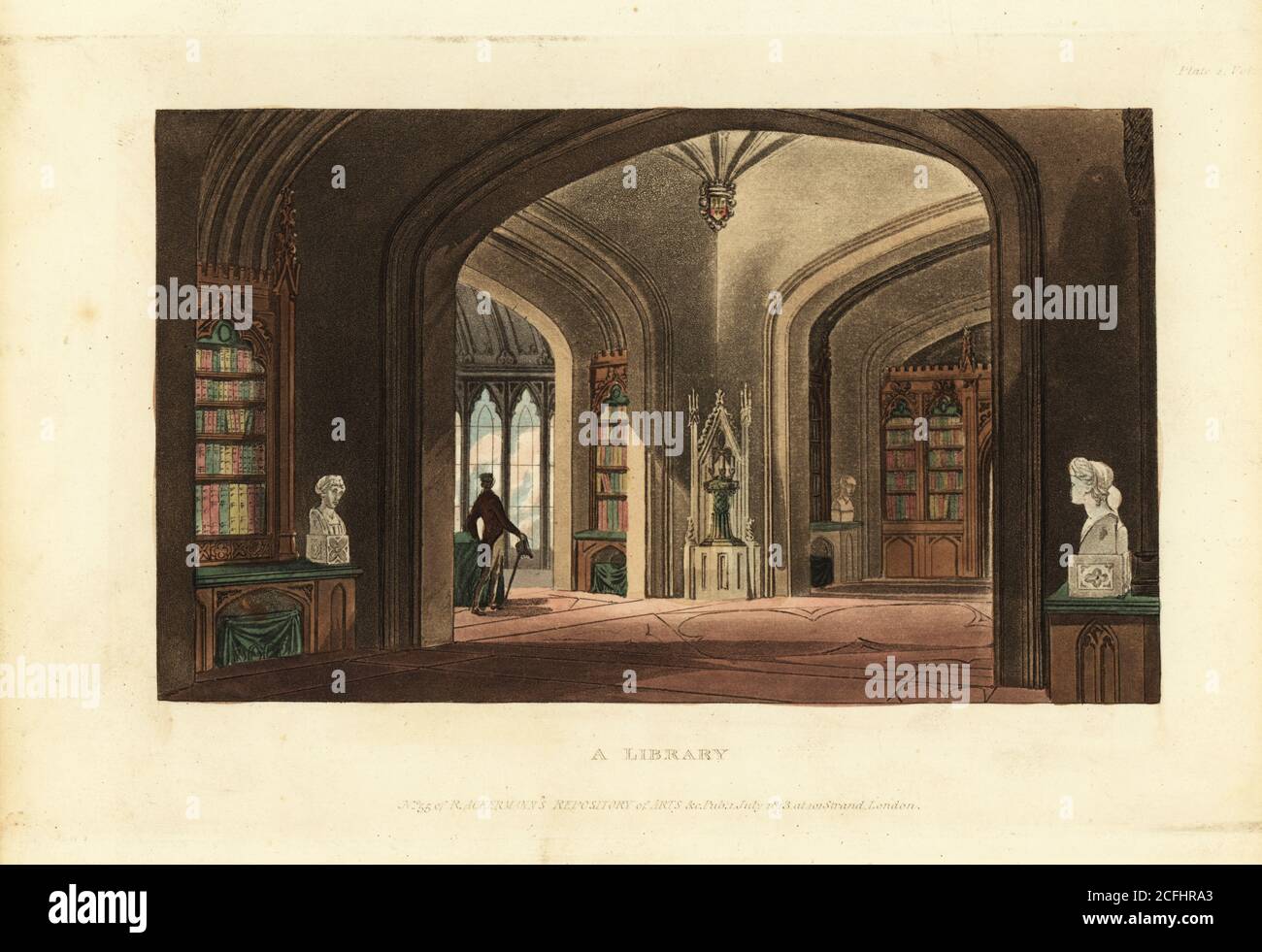 Design for a Gothic-style library, Regency Era. The vaulted room has stained-glass windows, a marble altar with candlelabra, busts, etc. The bookcases have protectuve silk drapes. Handcoloured copperplate engraving from The Upholsterer's and Cabinet-Maker's Repository consisting of seventy-six designs of modern and fashionable furniture, Rudolph Ackermann, London, 1830. Stock Photo