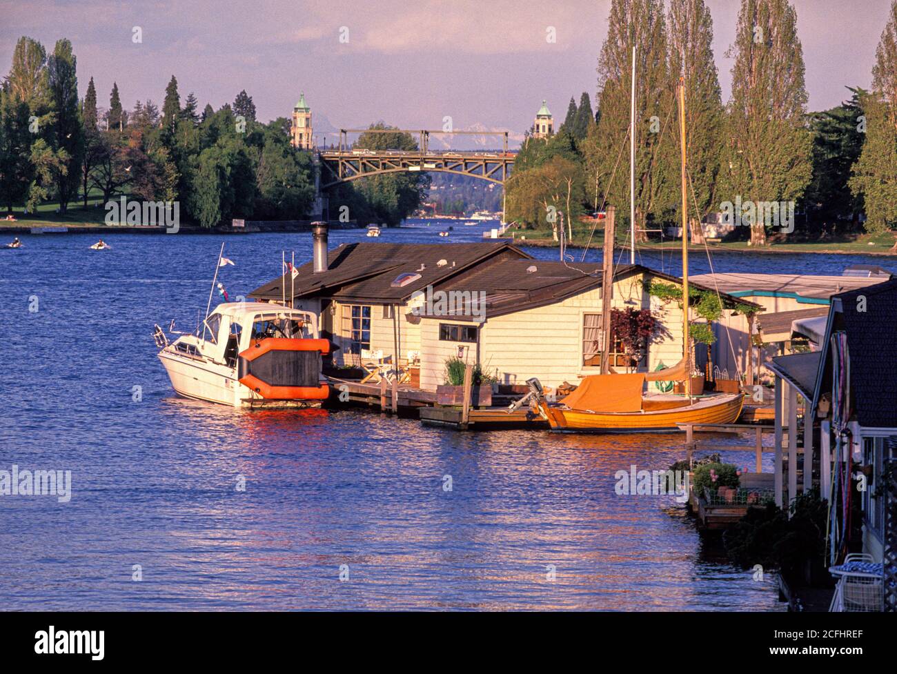 Houseboats on the Montlake Cut, Seattle, Washington USA Stock Photo
