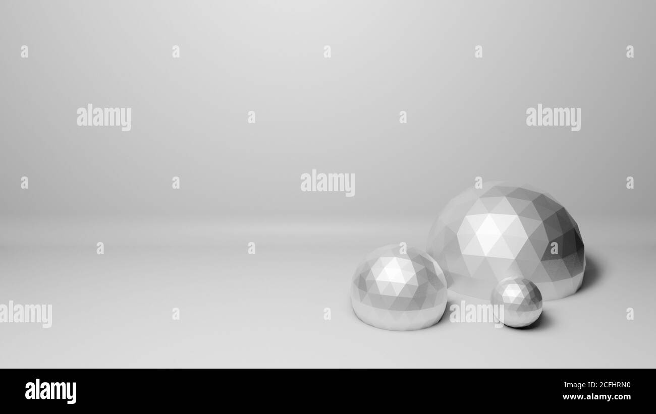 Polygonal balls, spheres or globes in realistic studio interior on dark background, 3d rendering illustration, conceptual science or technology Stock Photo