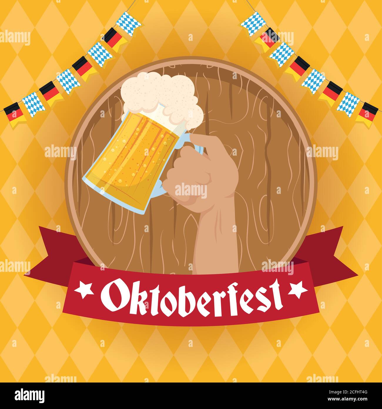 oktoberfest party lettering in ribbon with hand lifting beer jar vector ...