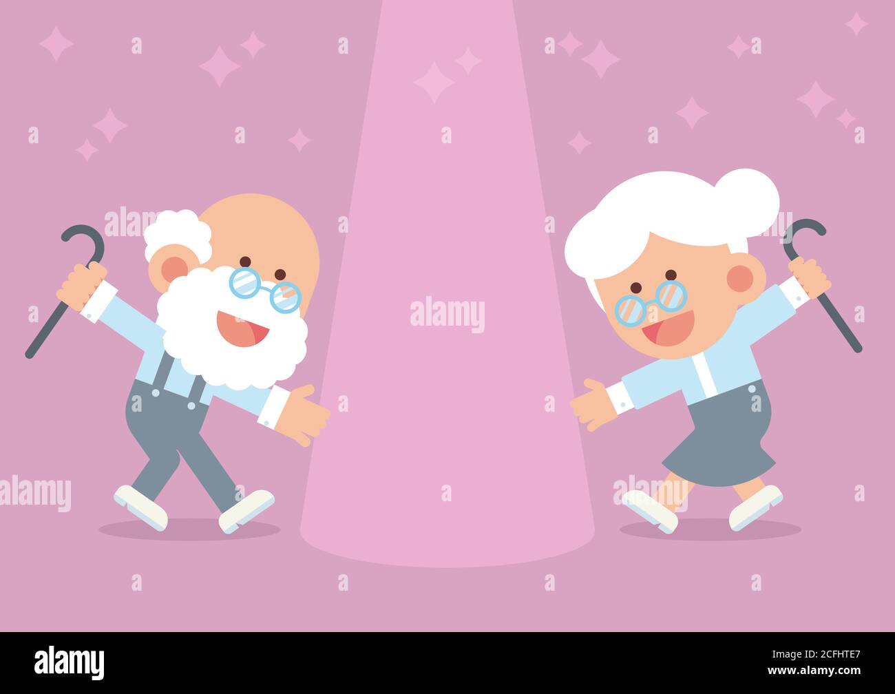 Elderly couple smiling, holding walking cane and dancing happily together with spotlight and twinkle in cute flat cartoon style Stock Vector