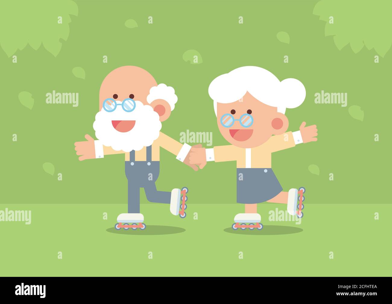 Elderly couple smiling, holding hands and skating on rollerblades outdoor with trees and falling leaves in cute flat cartoon style Stock Vector