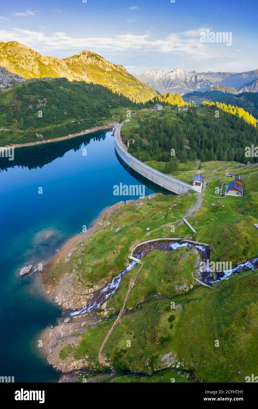 Aerial view of Laghi Gemelli dam at sunrise. Branzi, Val Brembana, Alpi  Orobie, Bergamo, Bergamo Province, Lombardy, Italy Stock Photo - Alamy