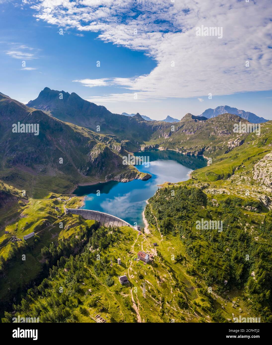 Aerial view of Laghi Gemelli, the dam and it's refuge. Branzi, Val Brembana, Alpi Orobie, Bergamo, Bergamo Province, Lombardy, Italy, Europe. Stock Photo