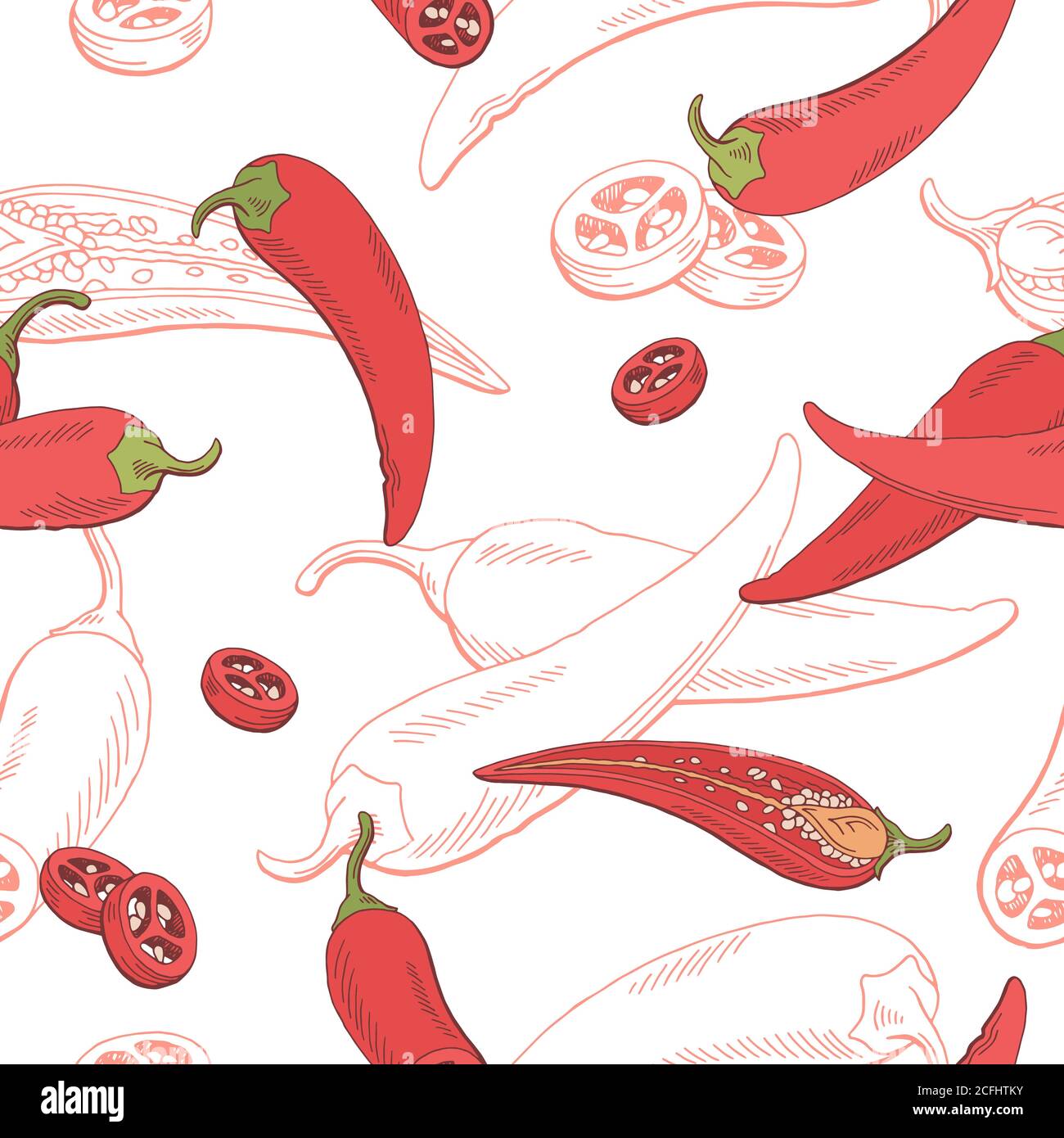 Chilli pepper graphic red color sketch seamless pattern illustration vector Stock Vector