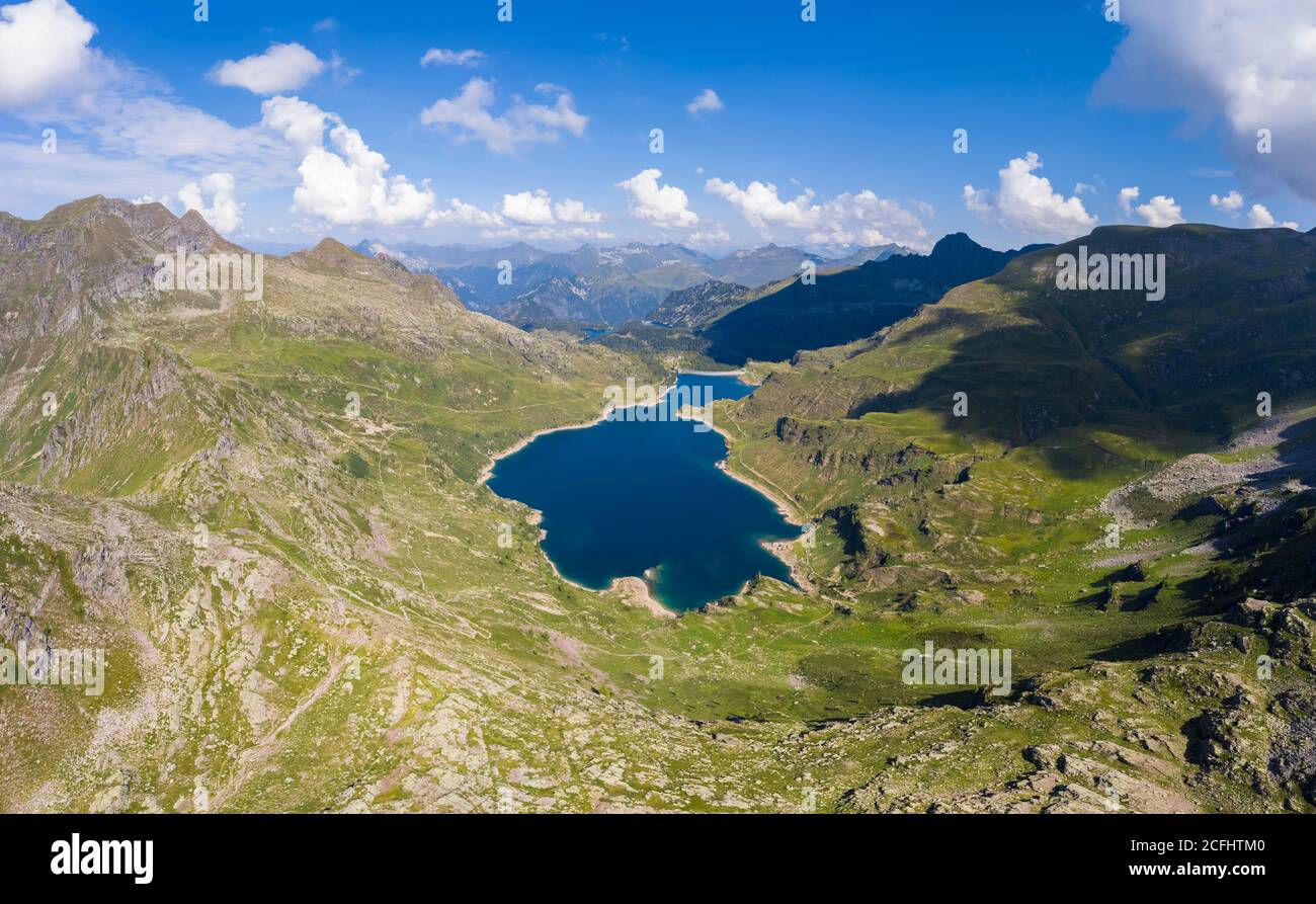 Aerial view of the Laghi Gemelli lake from the Laghi Gemelli pass. Branzi, Val Brembana, Alpi Orobie, Bergamo, Bergamo Province, Lombardy, Italy. Stock Photo