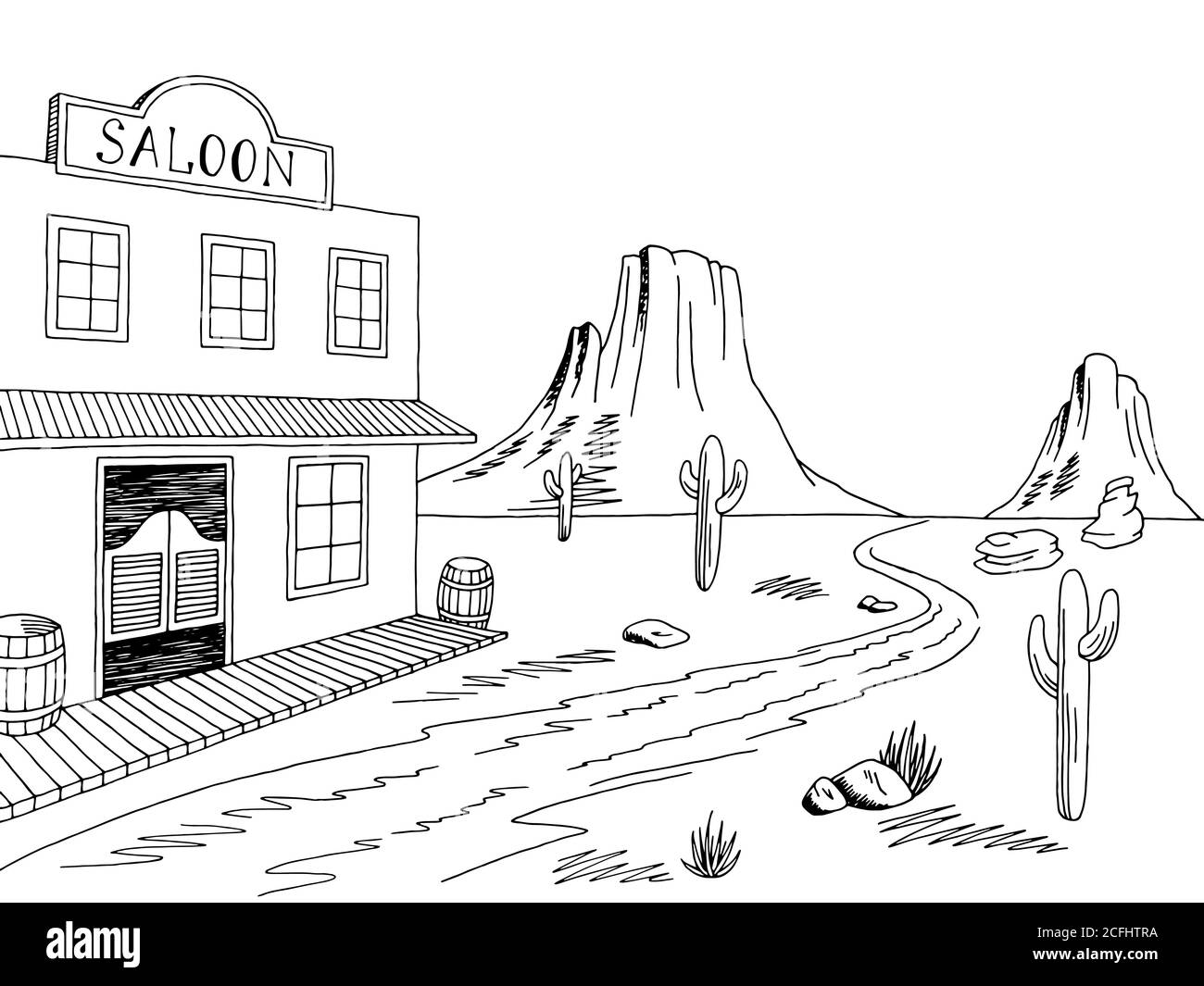 Wild west graphic black white prairie landscape sketch illustration vector Stock Vector