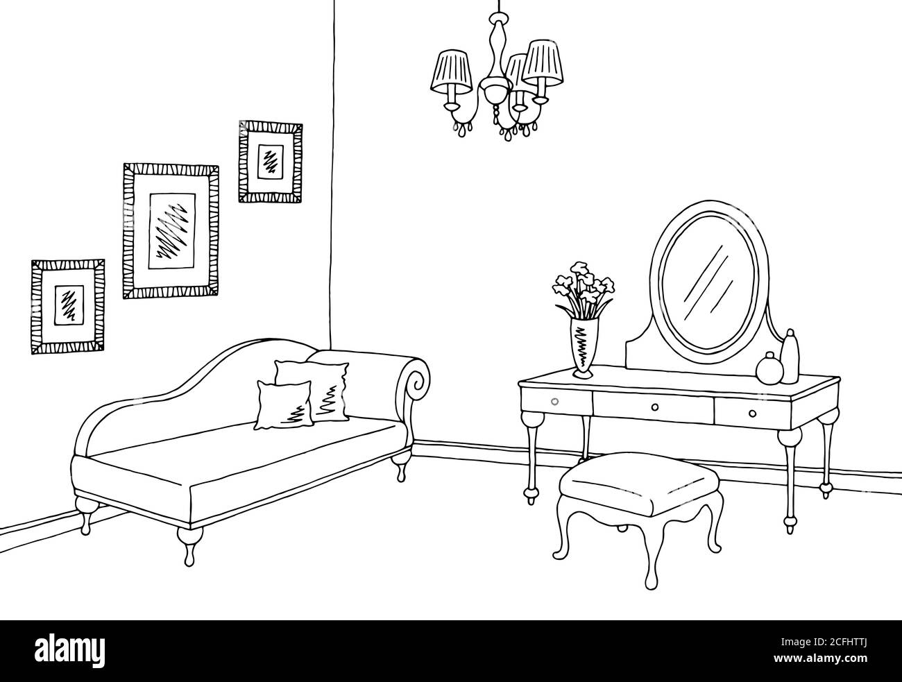 Boudoir room graphic black white interior sketch illustration vector Stock Vector