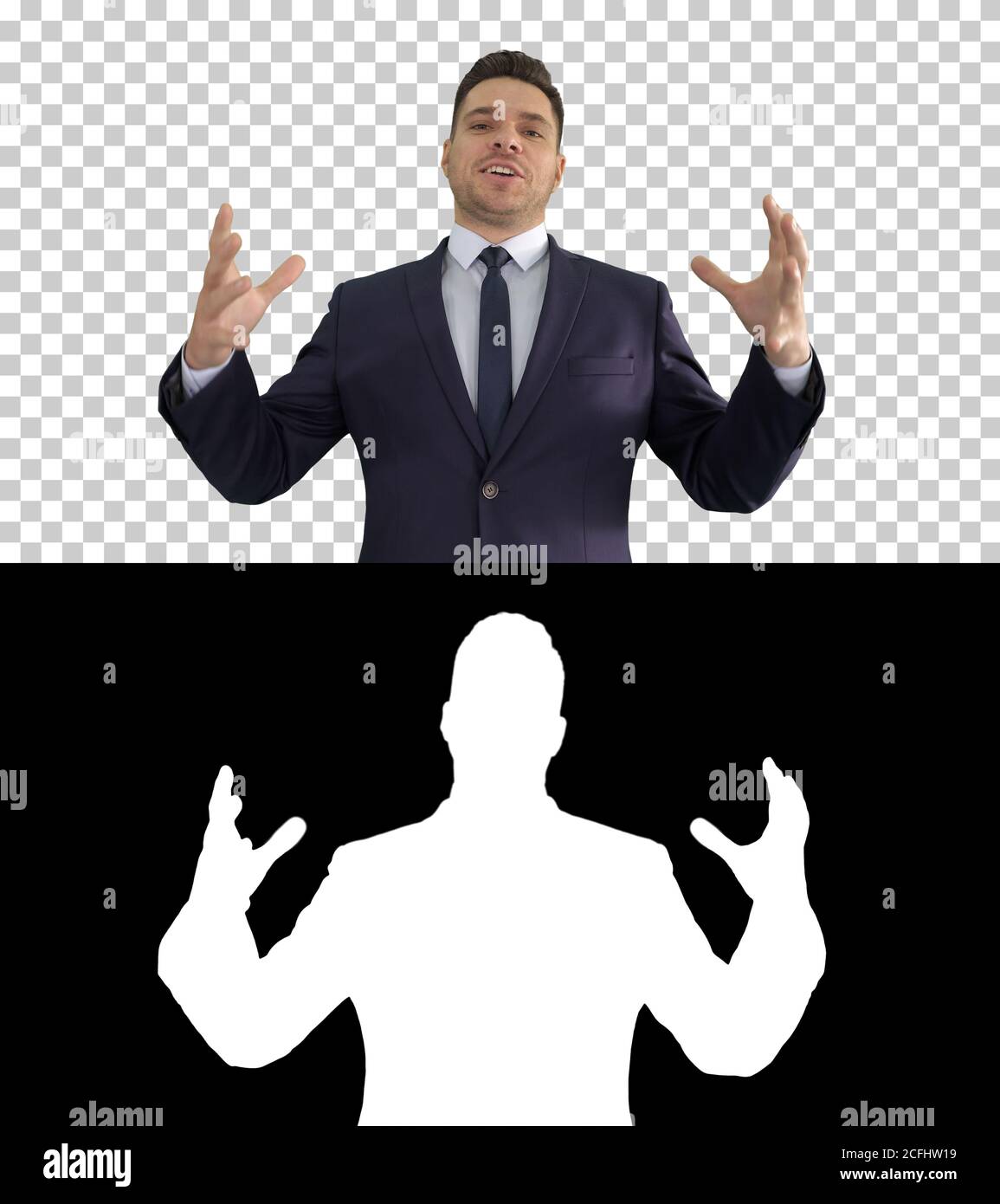 Man in formal clothes speaking to camera doing hand gestures in a very expressive and positive way, Alpha Channel Stock Photo