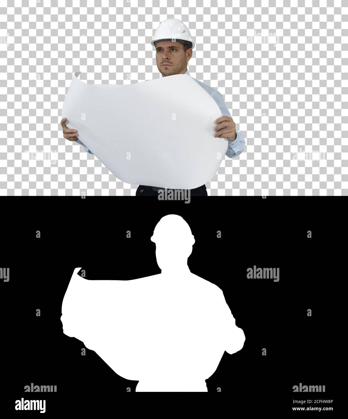 Engineer checking construction plan with what is built, Alpha Channel Stock Photo