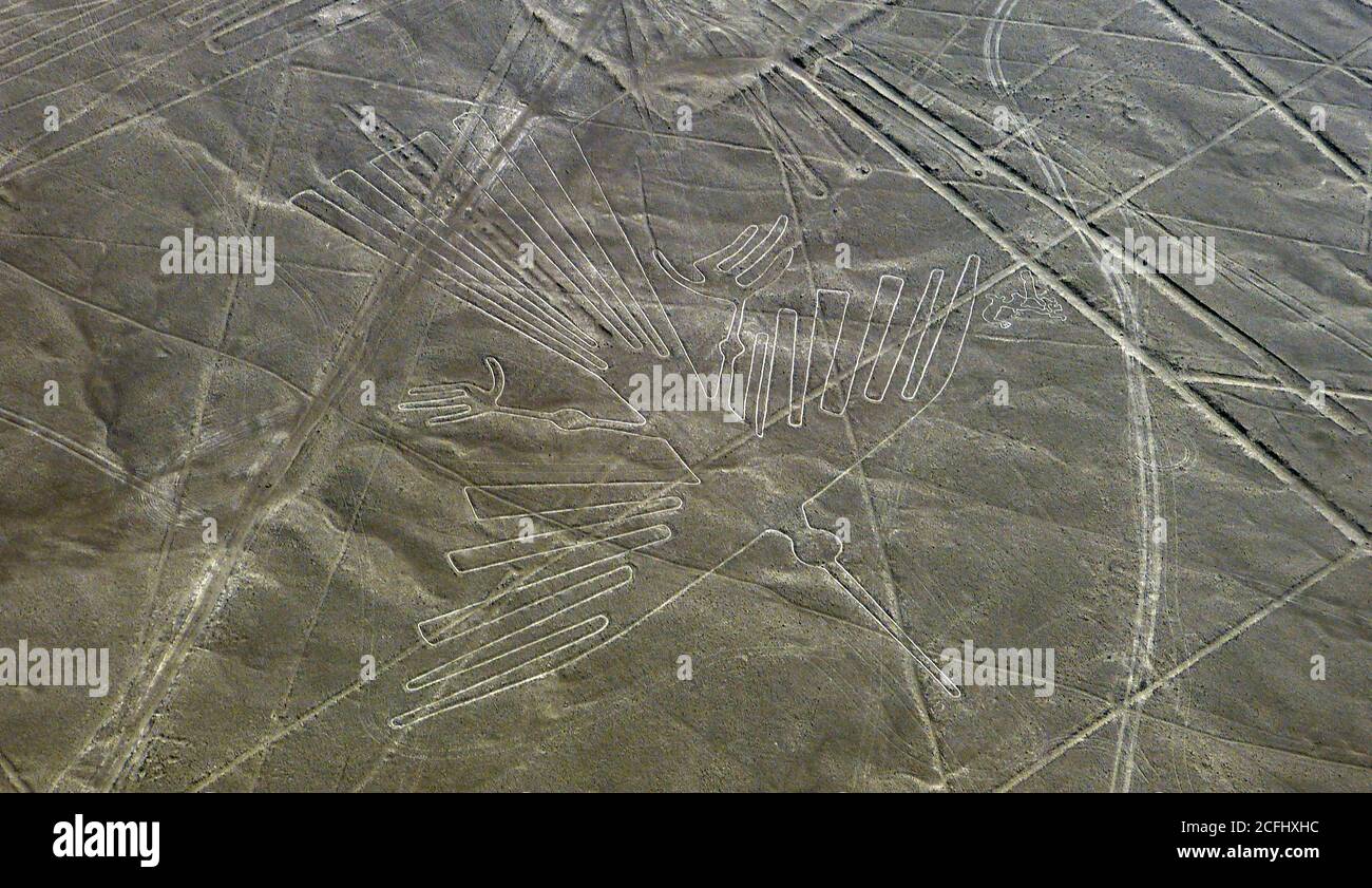 Condor bird Nasca Geoglyph. Mysterious lines Nazca in desert, Peru. Lines and geoglyphs of Nasca are series of drawings etched into ground surface. Stock Photo