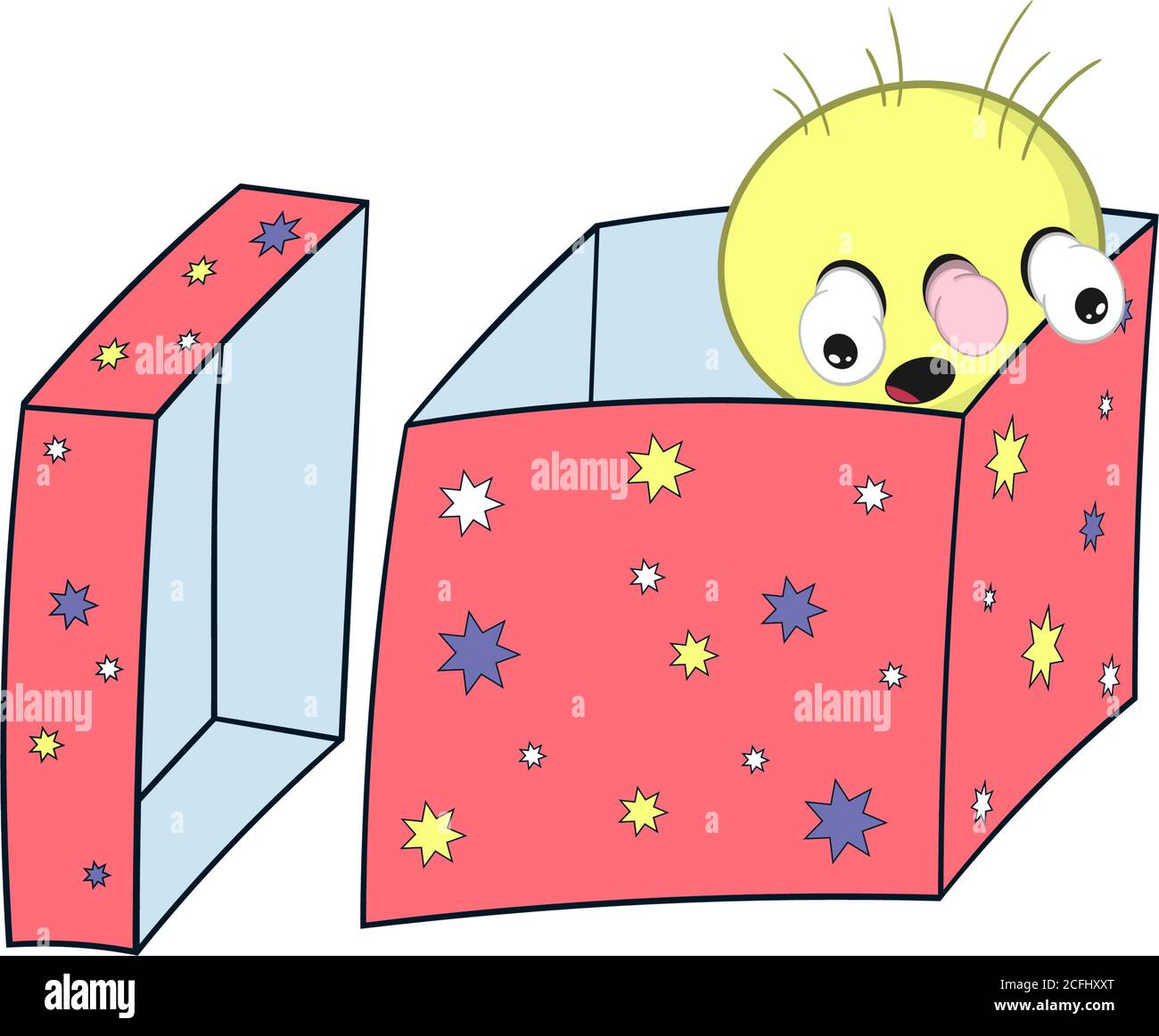 funny cartoon spring - with head, eyes and mouth, looks out of the gift box and is surprised. Stock Vector