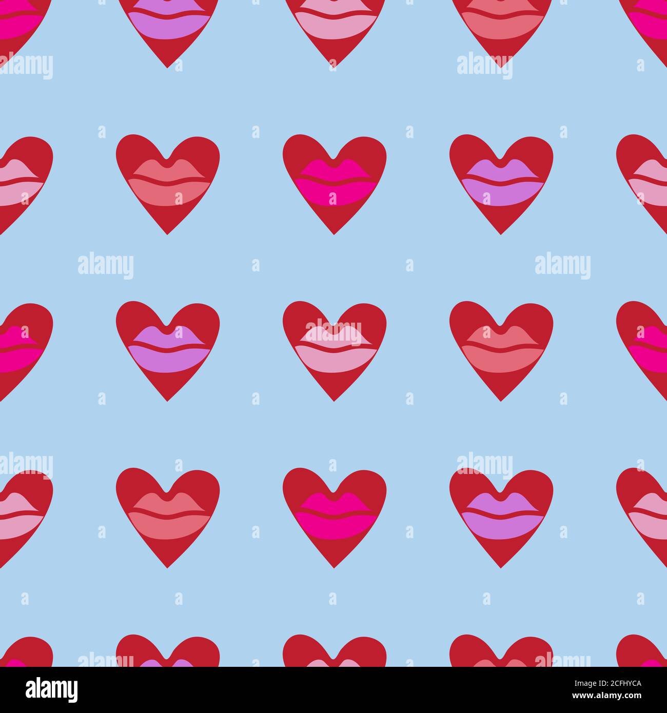 Seamless pattern with lipstick prints and hearts. Valentines day background. Vector EPS 10 Stock Vector