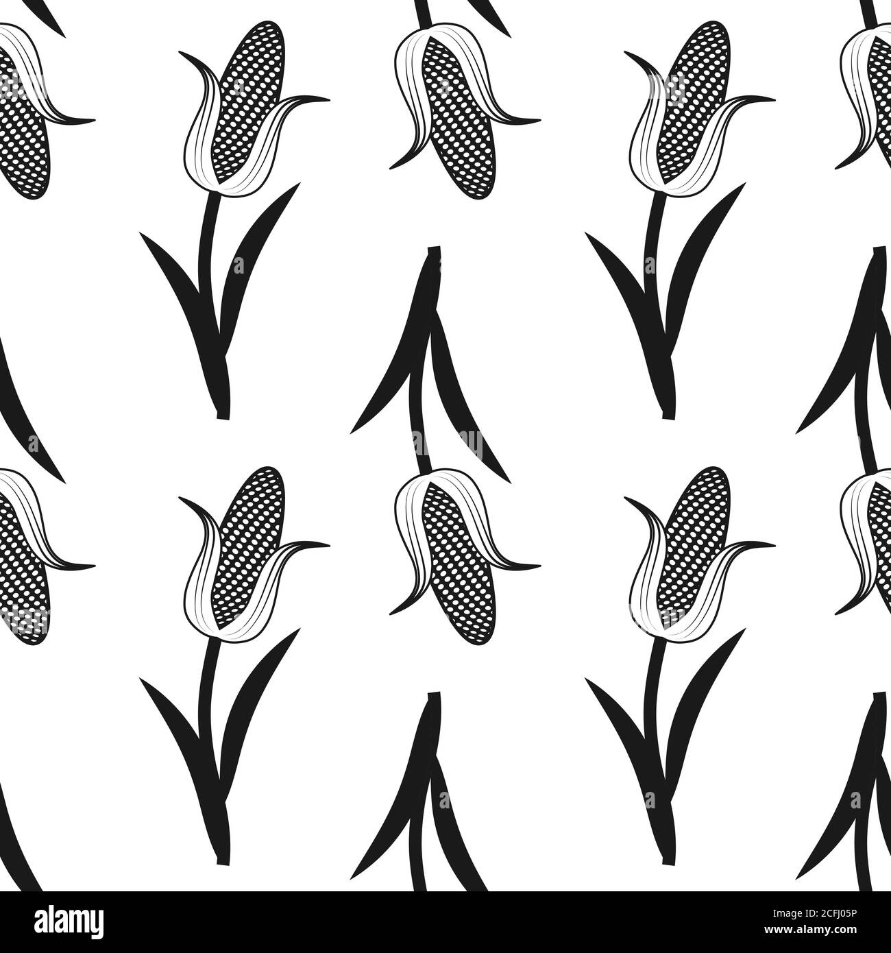seamless corn pattern black on white background. Vector image Stock Vector