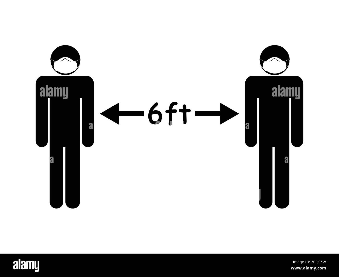 Social Distancing 6ft Stick Figure with Face Mask. Black and White Icon