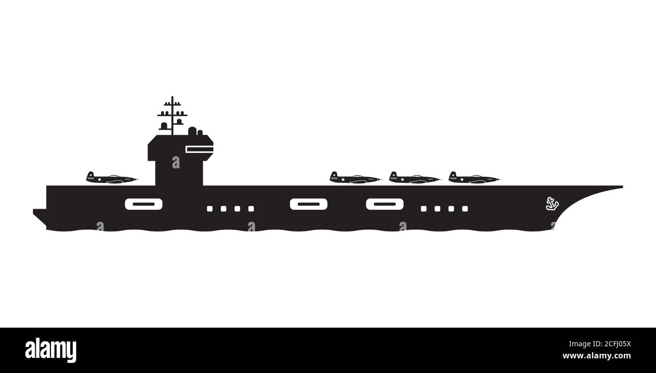Aircraft Carrier Icon Symbol. Clip Art Pictogram Depicting Navy Aircraft Carrier Military War Naval Vessel. Black and White EPS Vector Artwork. Stock Vector