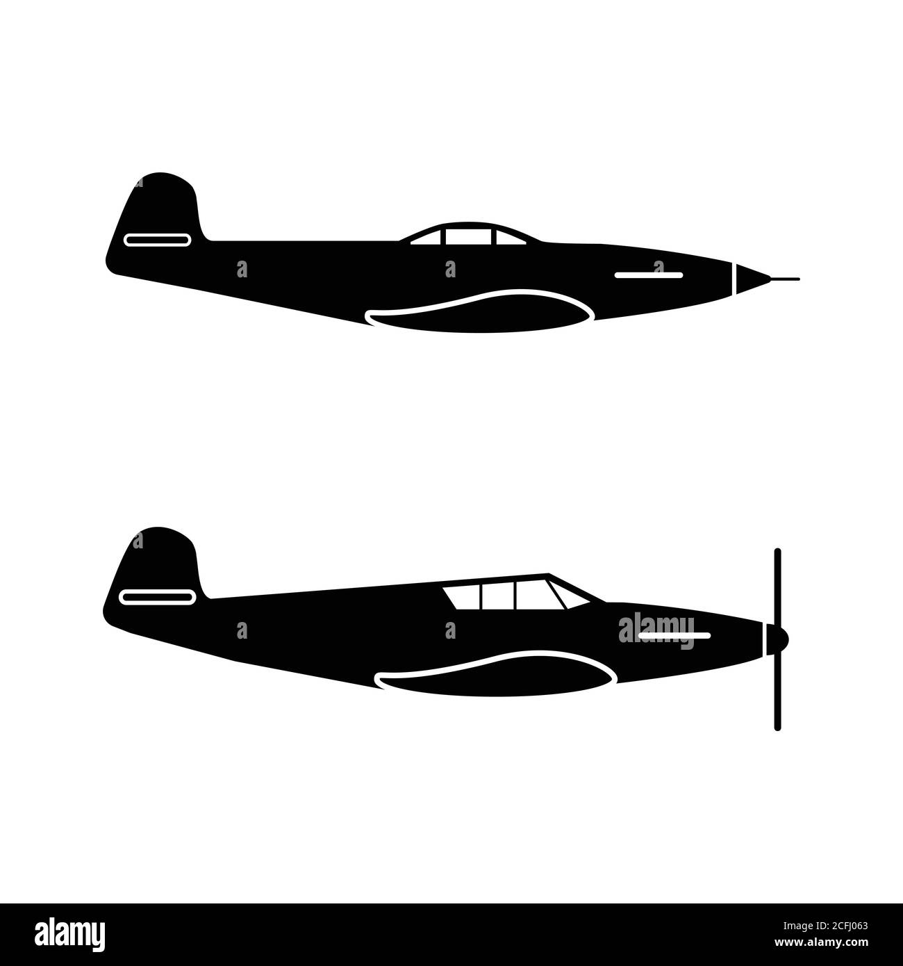 Military Aircraft Planes. Pictogram depicting new and old aircraft machines used in aerial warfare. Jet Powered vs Propeller Fighter Planes. EPS Vecto Stock Vector