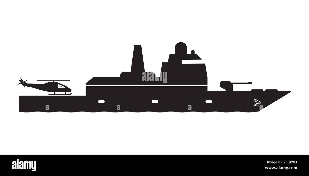 Frigate Warship with Helicopter Dock. Icon Pictogram Depicting Frigate Navy Naval Military War Battership with helipad. Black and White EPS Vector Stock Vector