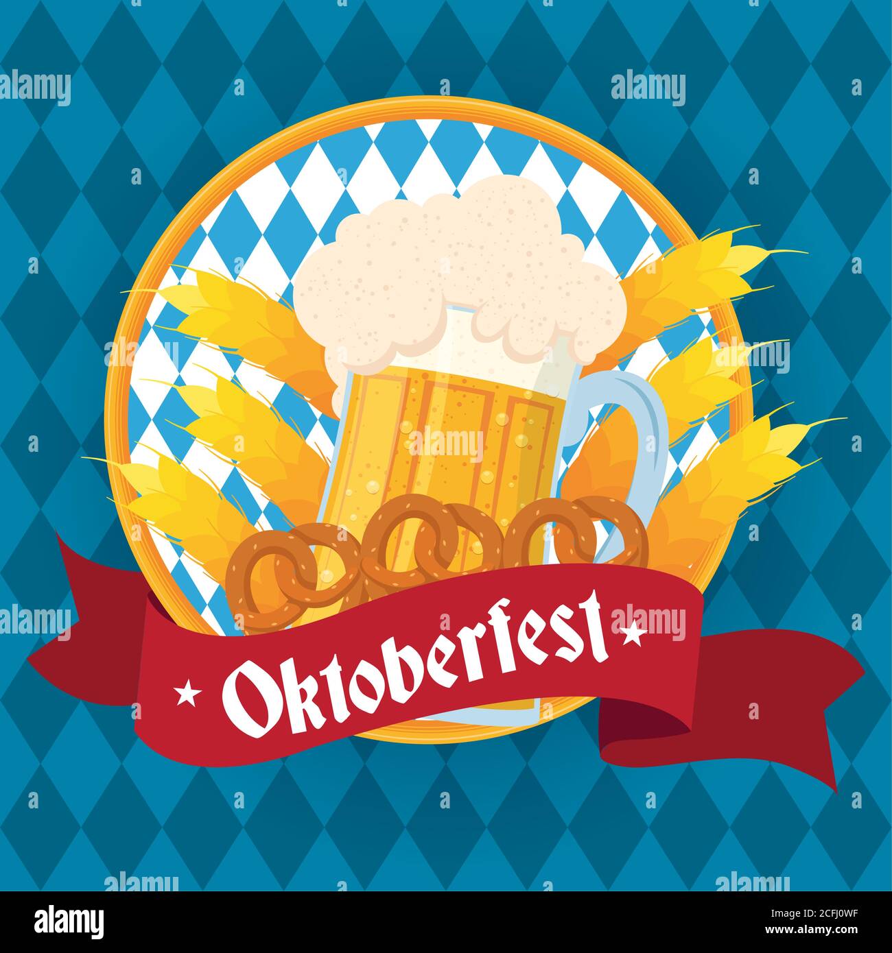 oktoberfest party lettering in ribbon with beer jar and pretzel vector ...