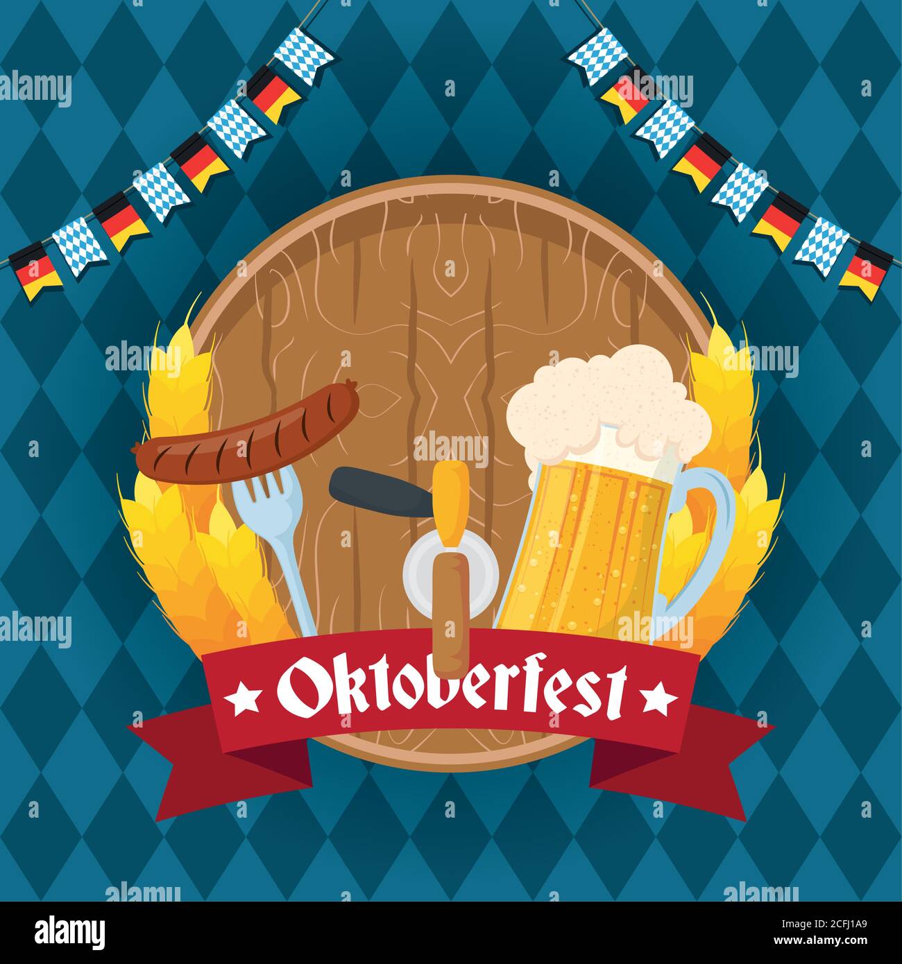 oktoberfest party lettering in ribbon with beer barrel and jar vector ...