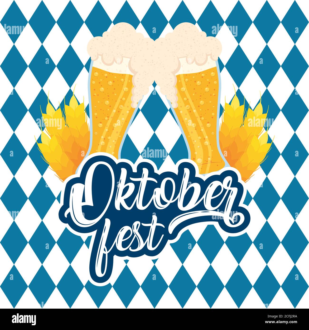 oktoberfest party lettering in poster with beers and checkered flag ...
