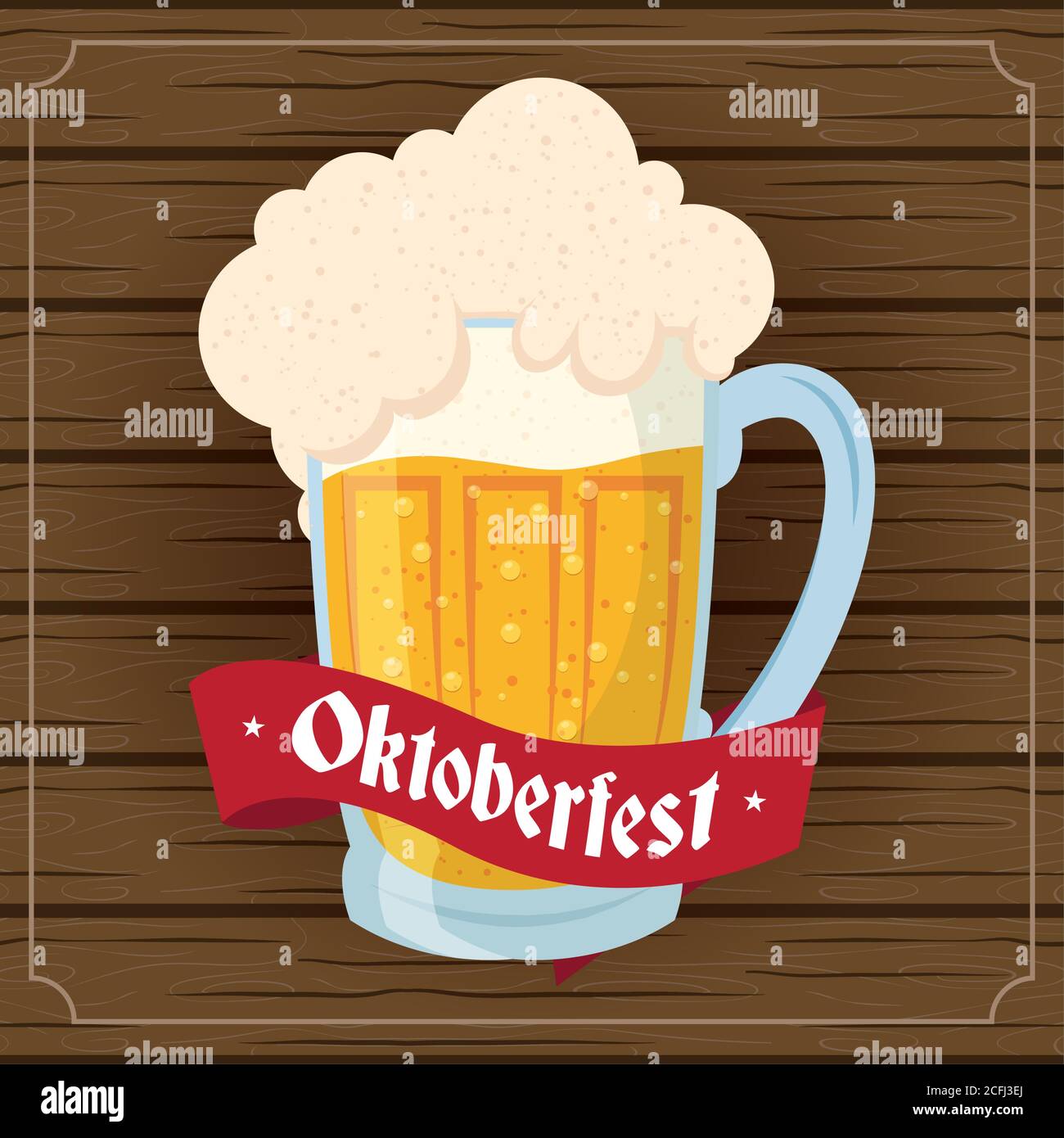 oktoberfest party lettering in ribbon with beer jar in wooden vector ...
