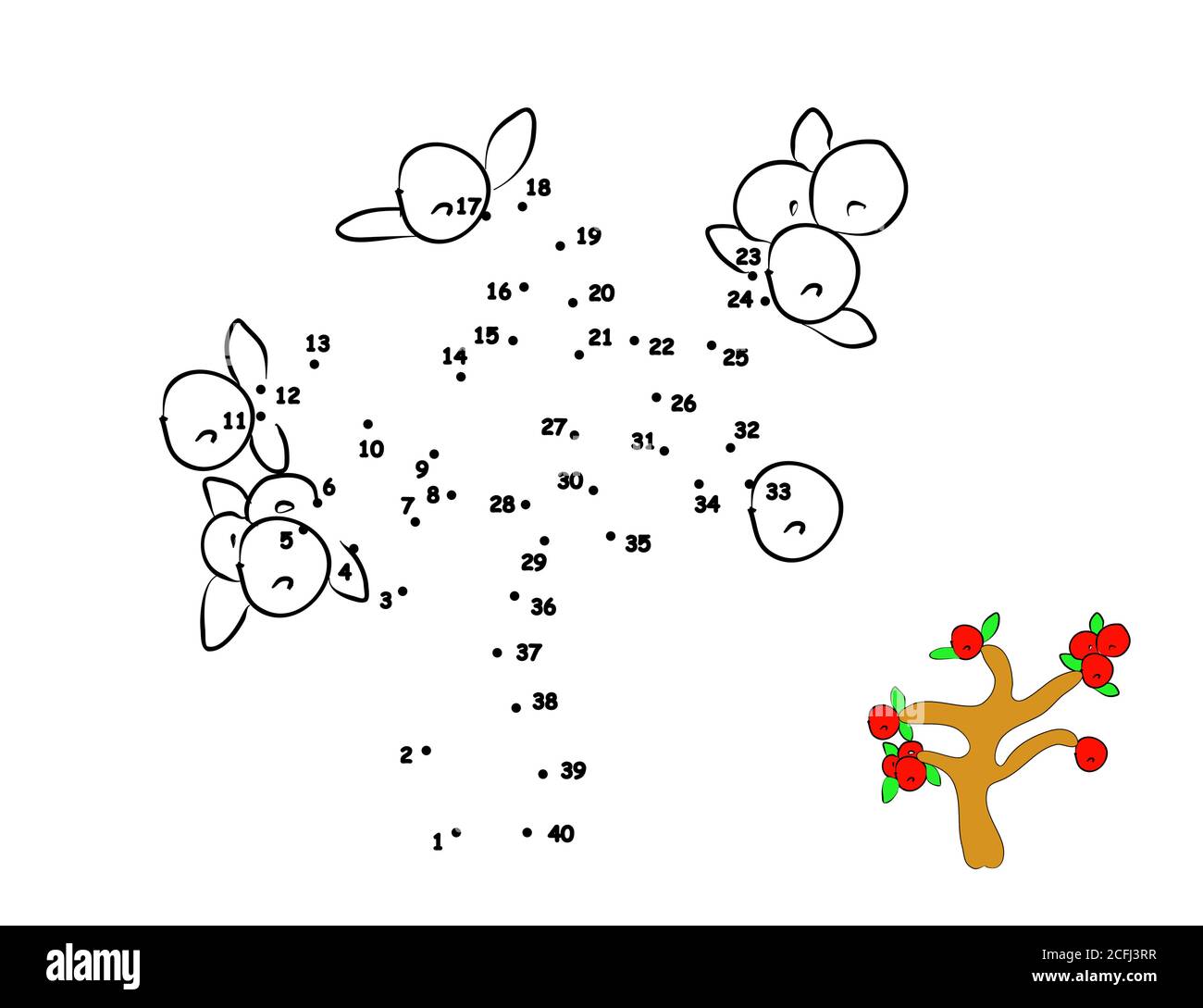 Fruit on tree. Dot to dot game education. Hand draw cute illustration, coloring vector Stock Vector