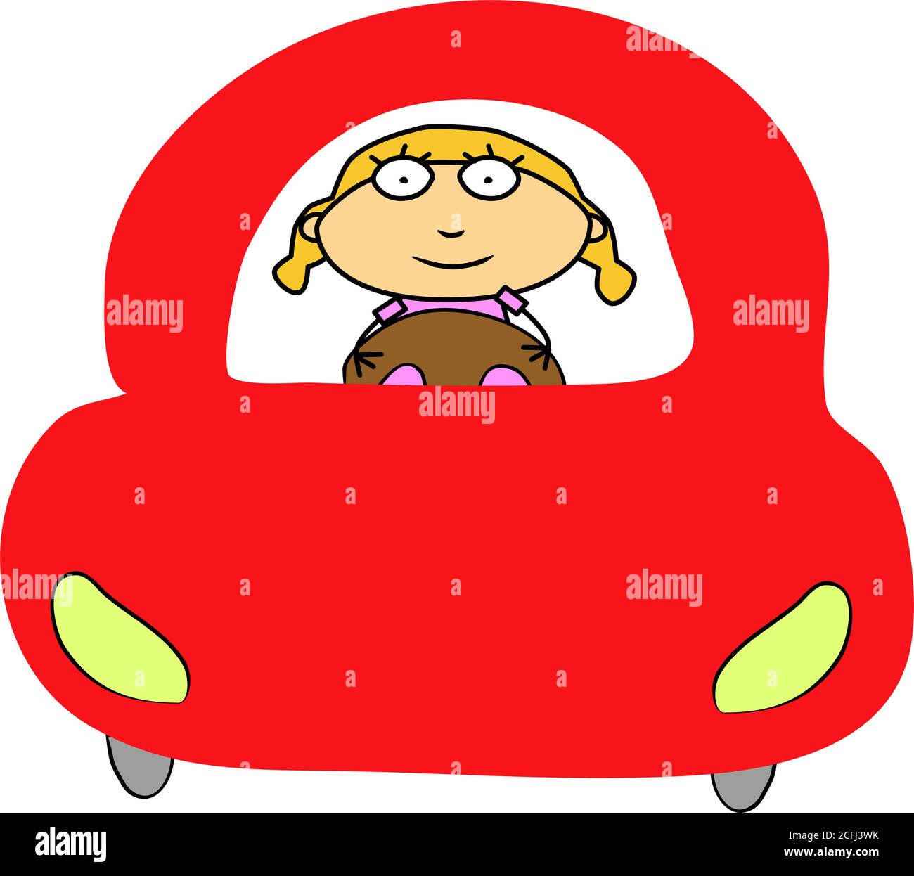 Woman in a red car. Illustration transport, concept, handwritten metaphor vector Stock Vector