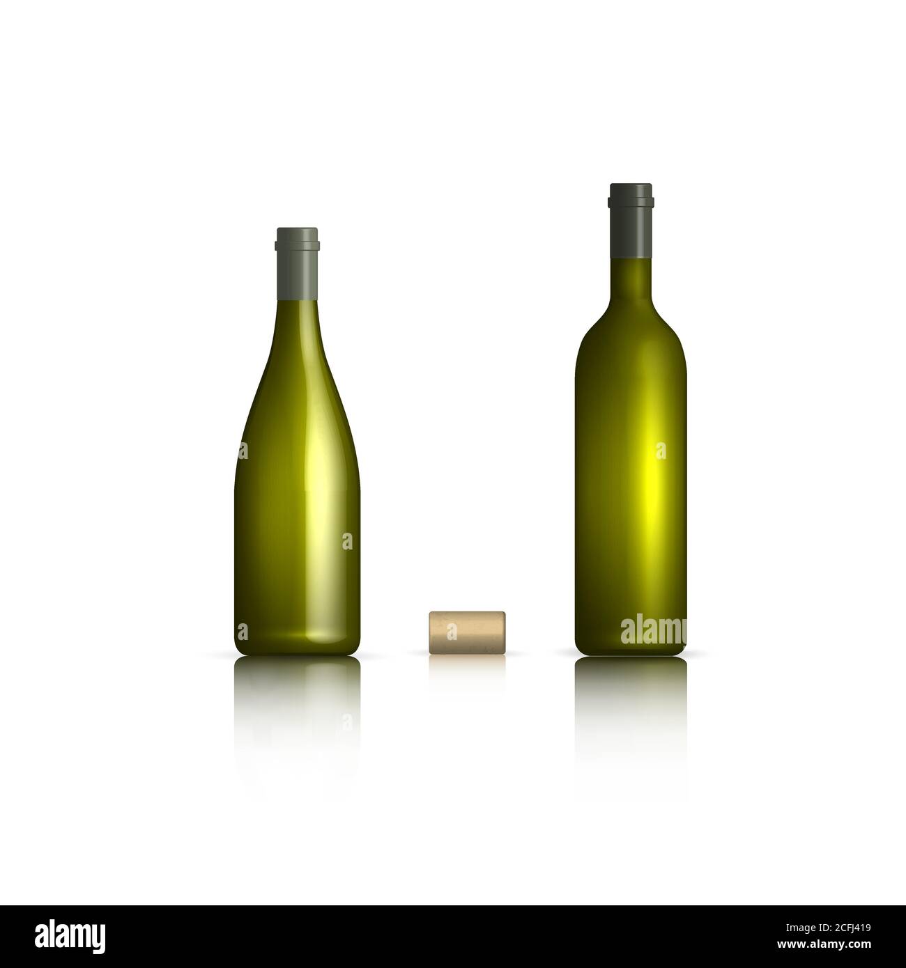 Photorealistic bottles of white wine with cork. Front view, vector