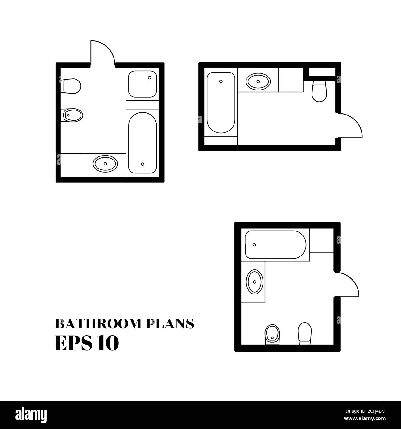 Architectural plans for bathrooms. Set of architectural drawings. Black and white vector illustration EPS10. Stock Vector