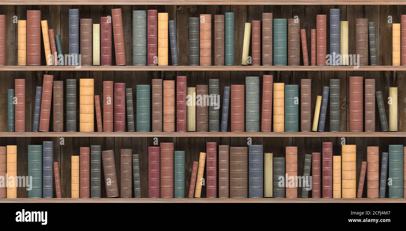 Vintage books on old wooden shelf isolated on white. Old library