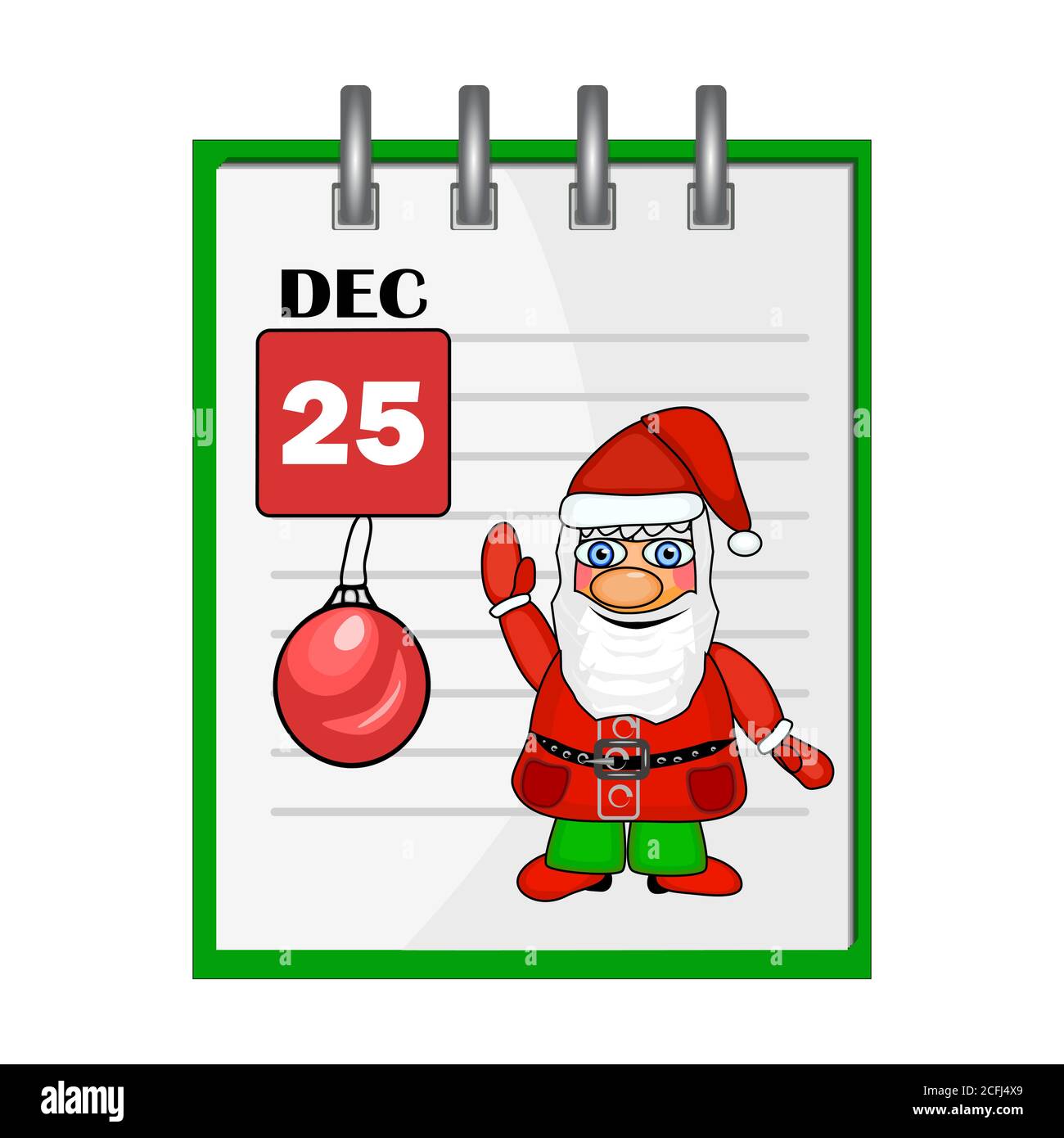 Merry Christmas holiday calendar with Santa Claus. Gift card with cute Santa Claus in traditional costume, red hat, ball and holiday date.Stock vector Stock Vector