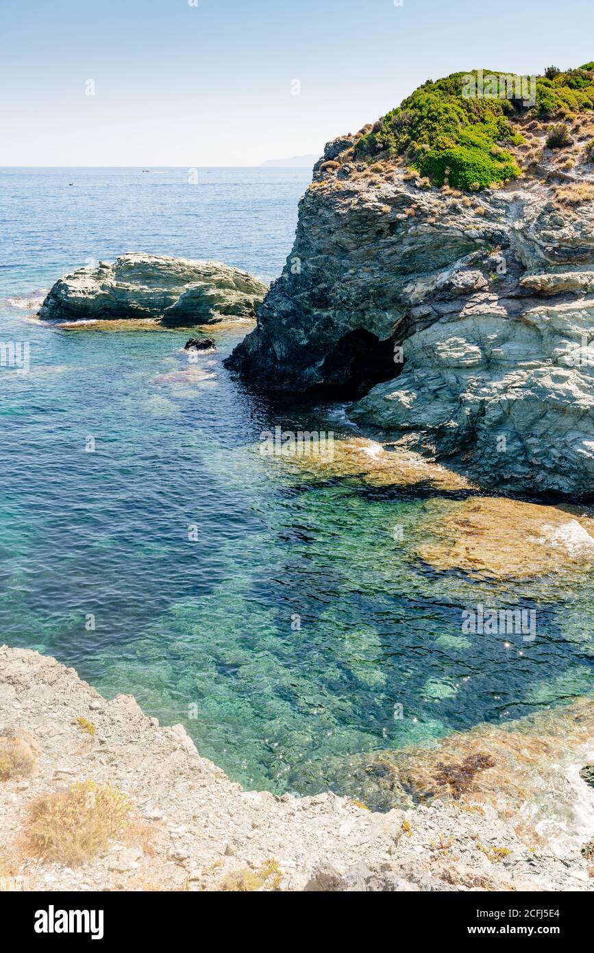 wild seascape on the "Sentier des douaniers" path, in Cape Corse, Corsica Stock Photo