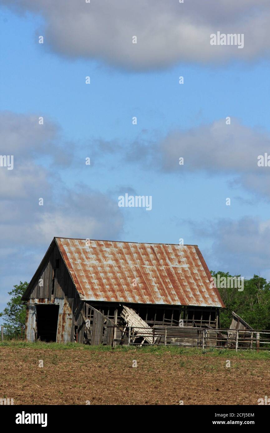Kansas Country barn with a corral,tree's,blue sky and white cloud's out in the country. Stock Photo