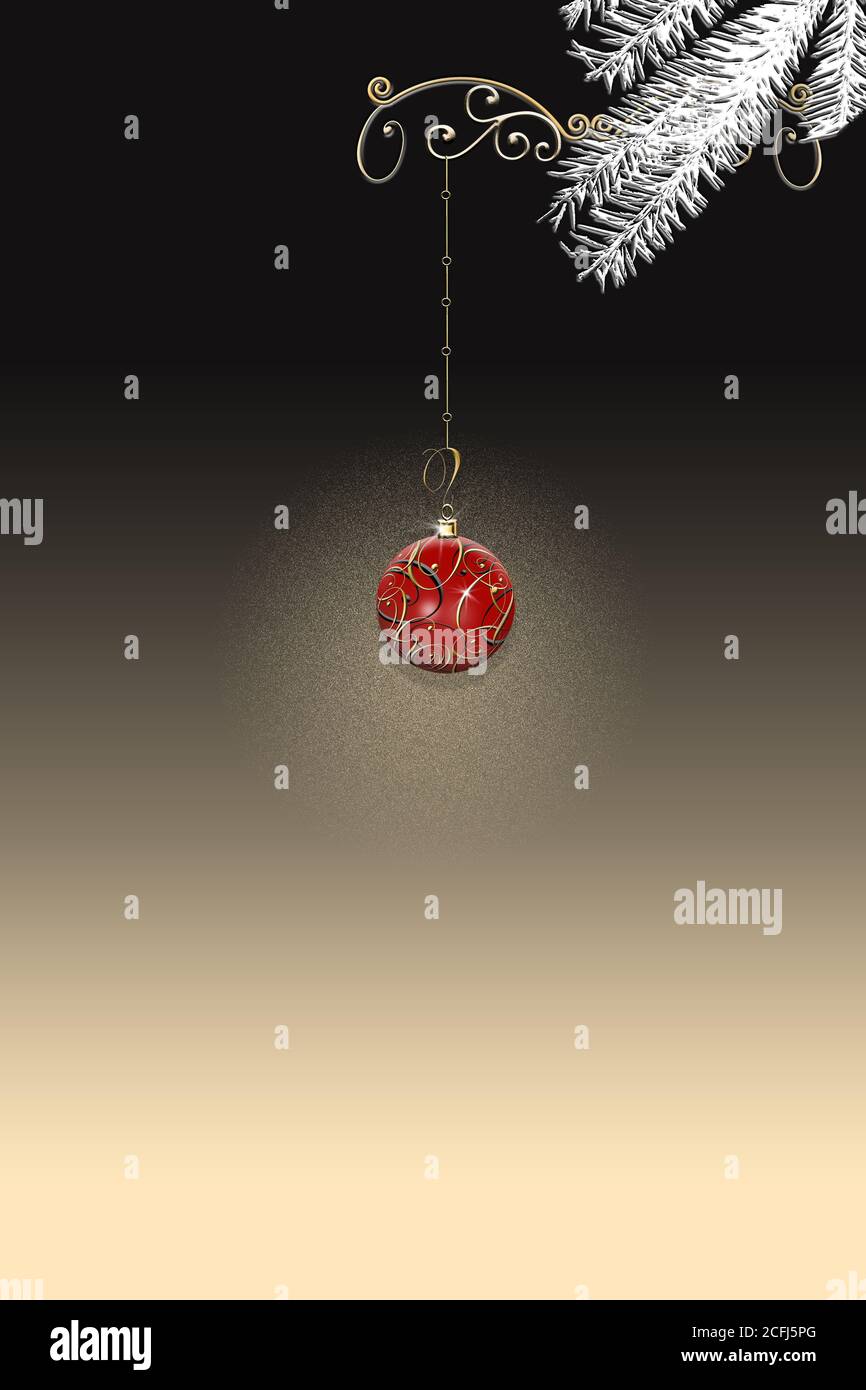 Luxury elegant Christmas 2021 New Year ornament with red gold bauble with gold confetti on black dramatic background. Minimalist vertical New Year card. Place for text, copy space. 3D Illustration. Stock Photo