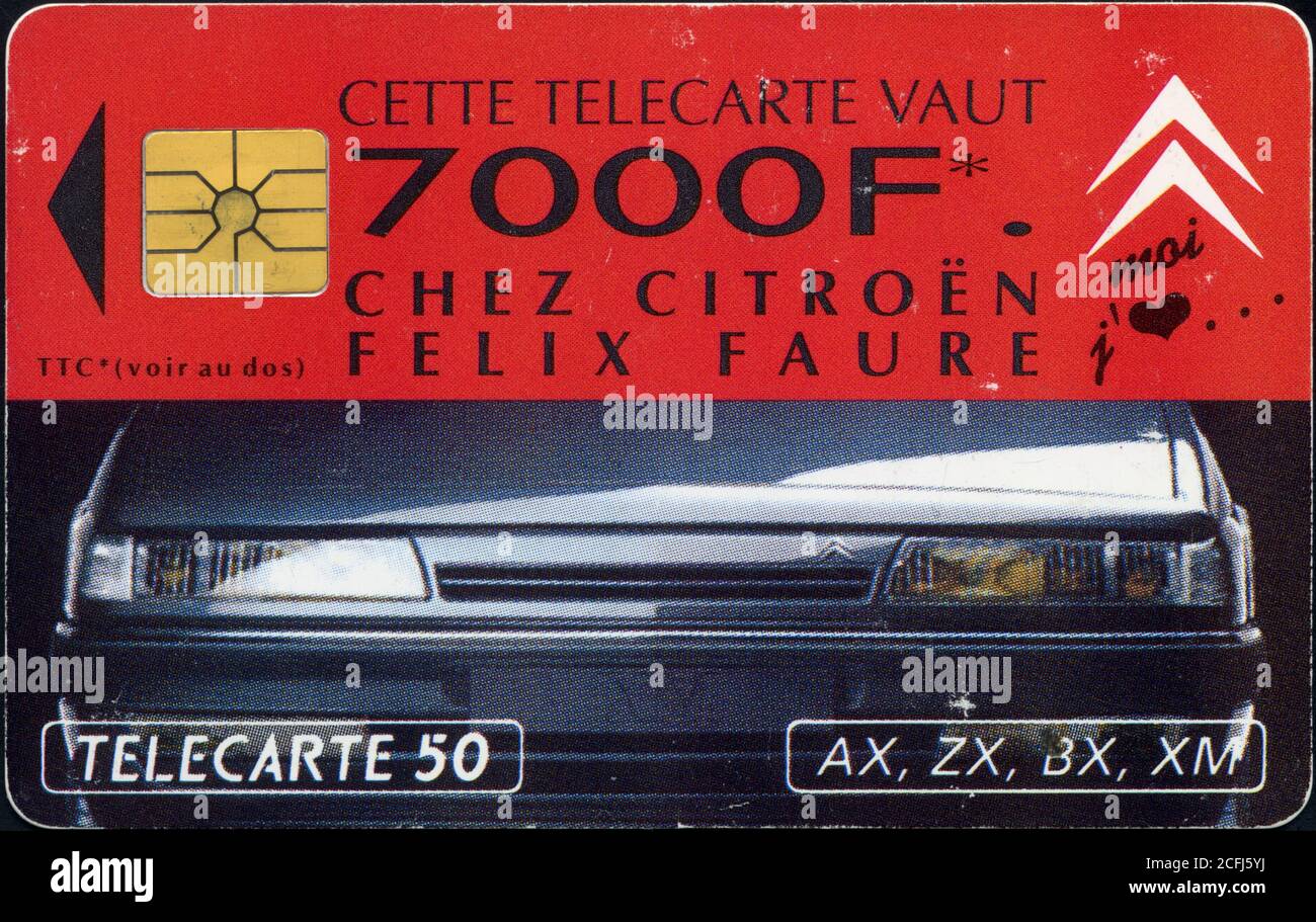 Télécarte 50. Cette télécarte vaut 7000F chez Citroën Felix Faure. AX. ZX. BX. XM. Stock Photo