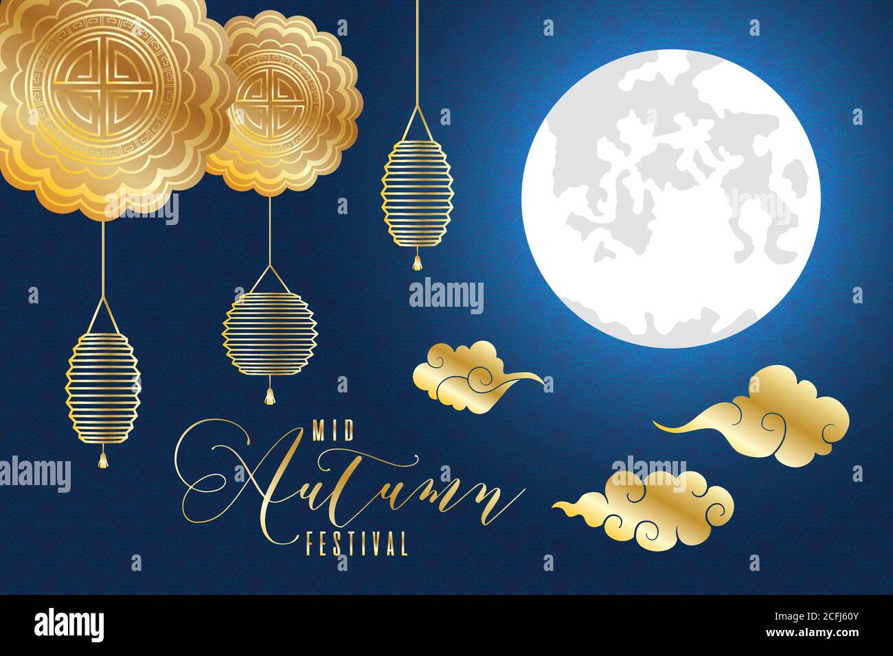 mid autumn festival poster with golden lanterns and moon vector ...