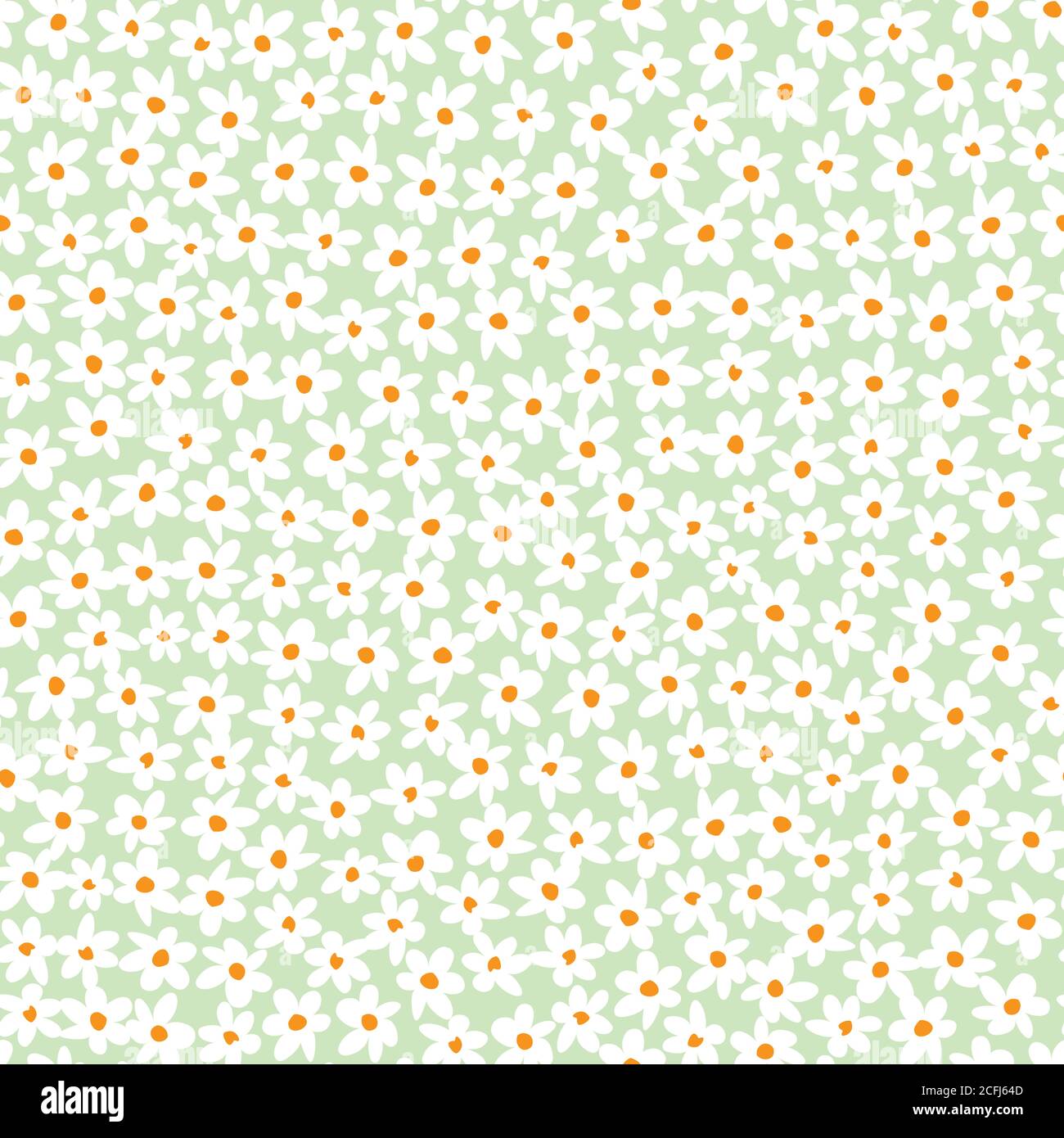 Vector green pastel compact fun daisy flowers repeat pattern with orange center. Suitable for textile, gift wrap and wallpaper. Stock Vector