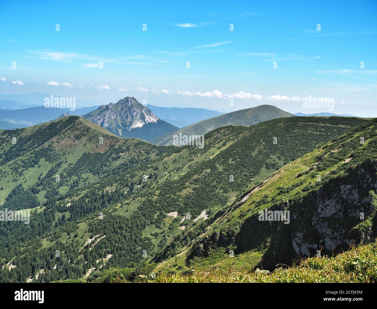 View on stony peak Big Rozsutec in The Little Fatra National Park with blue sky and clouds on background. Slovakia, August 2018. Stock Photo