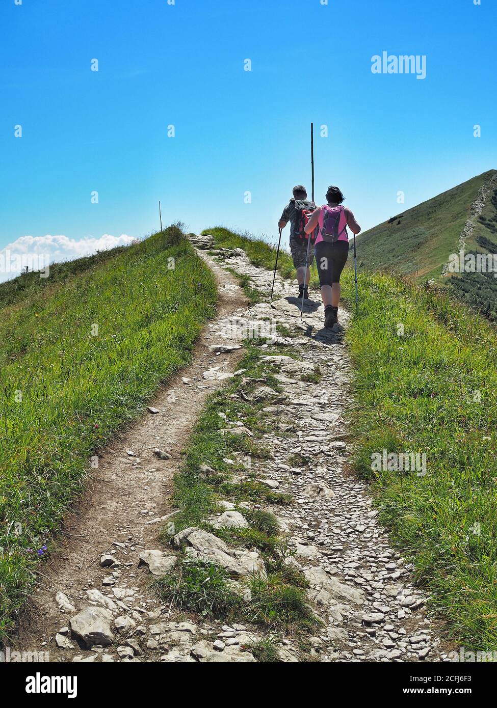 Back of two tourists hiking in The Little Fatra National Park. Slovakia, August 2018. Stock Photo
